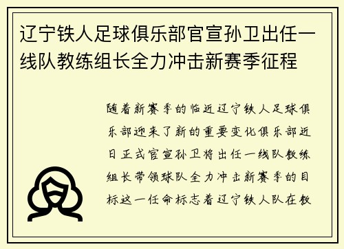 辽宁铁人足球俱乐部官宣孙卫出任一线队教练组长全力冲击新赛季征程 辽宁铁人足球俱乐部官宣孙卫出任一线队教练组长全力冲击新赛季征程